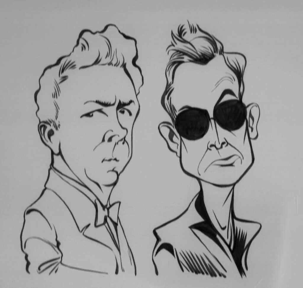 Chris Morris illustration of Crowley and Aziraphale of Good Omens